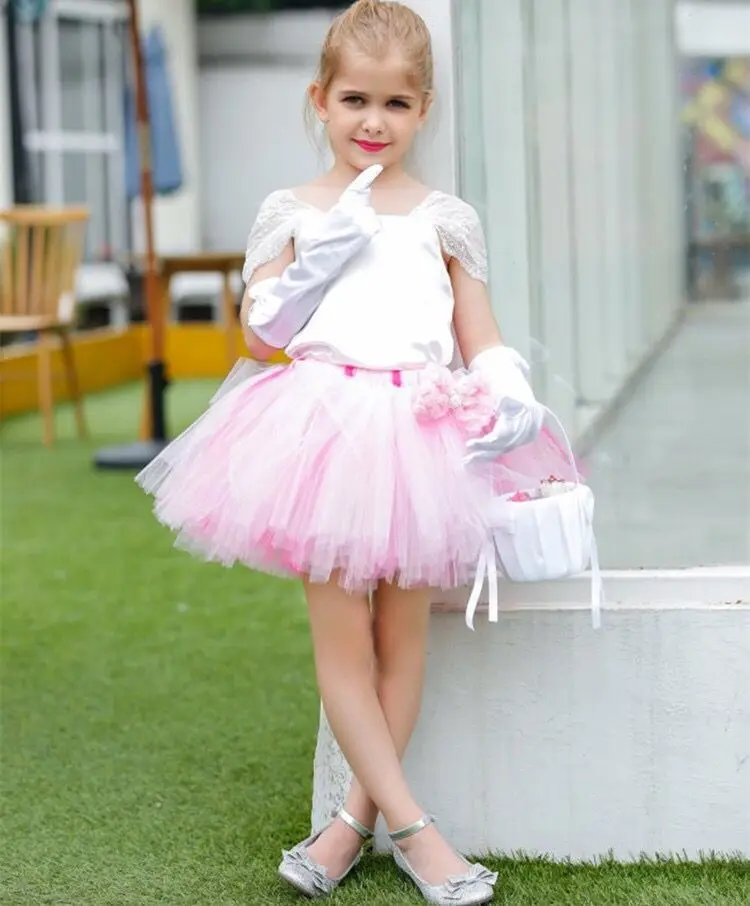 Детский кружевной свадебный комплект из тюлевой юбки-пачки с открытой спиной и