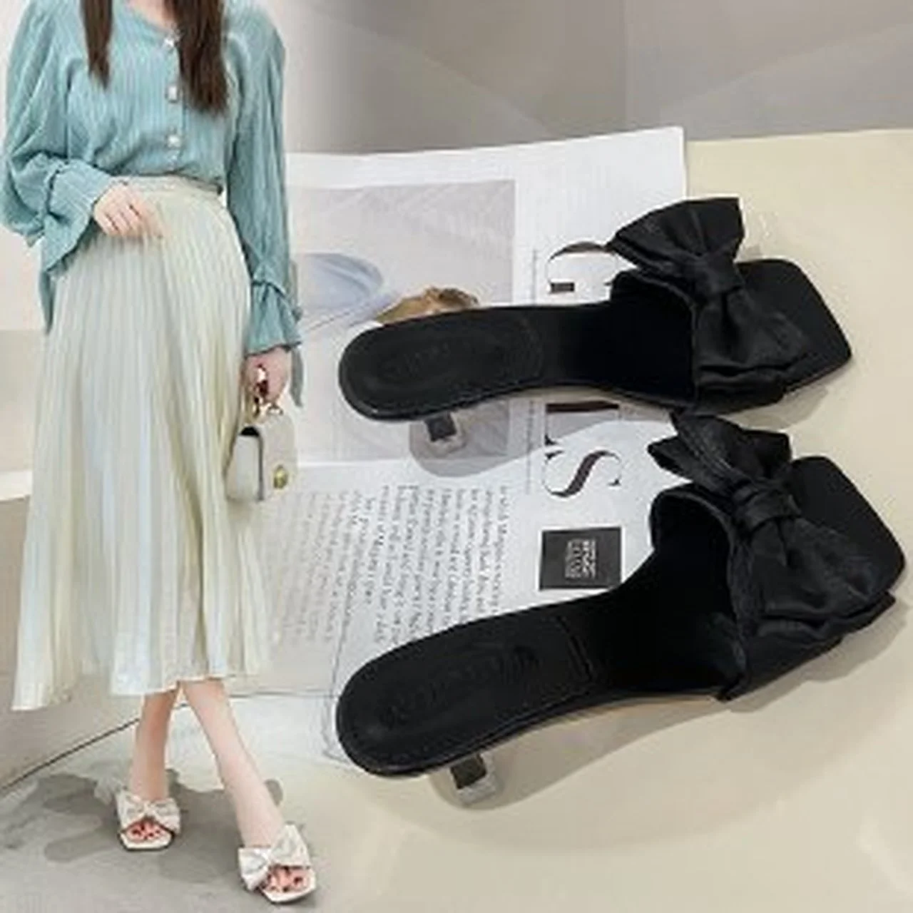 

Bowknot women's slippers 2021 summer new wild round toe open toe stilettos women's fashion Beige black sandals and slippers