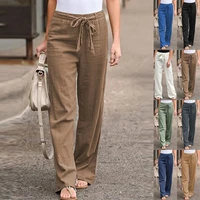 2021 new womens summer in europe and the elastic waist is pure color cotton and linen girdle wide legged trousers slacks