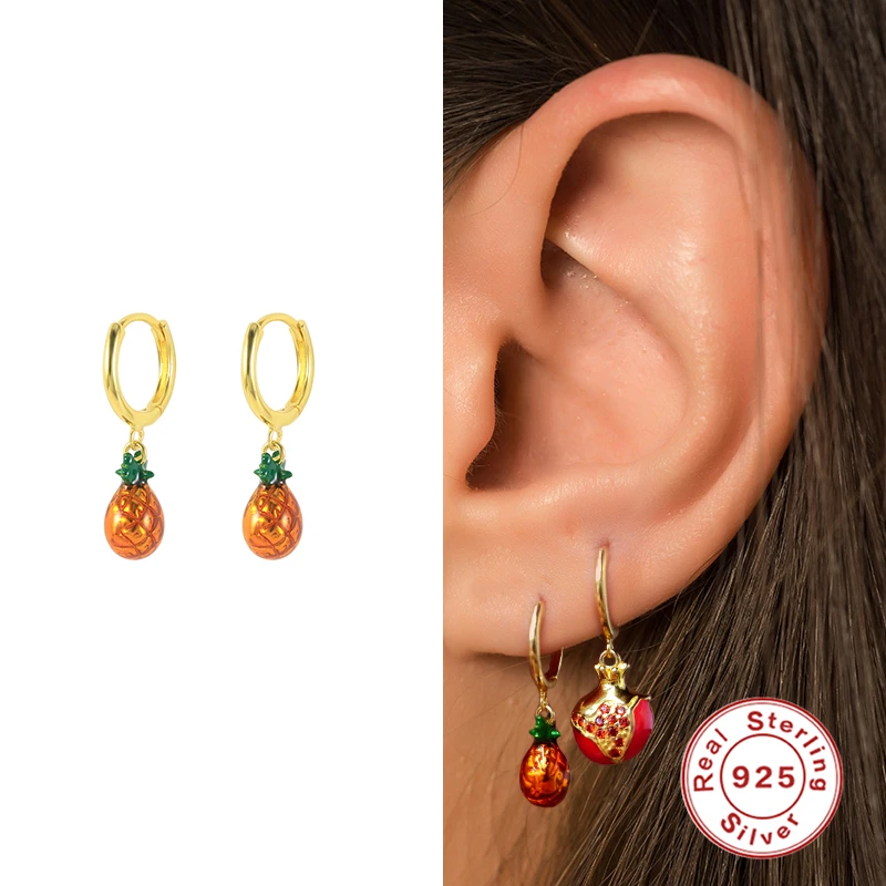 

CANNER 100% 925 Sterling Silver Summer New Fruit Pineapple Hoop Earring Colorful Drip Oil Earring For Women Wedding Gift Jewelry