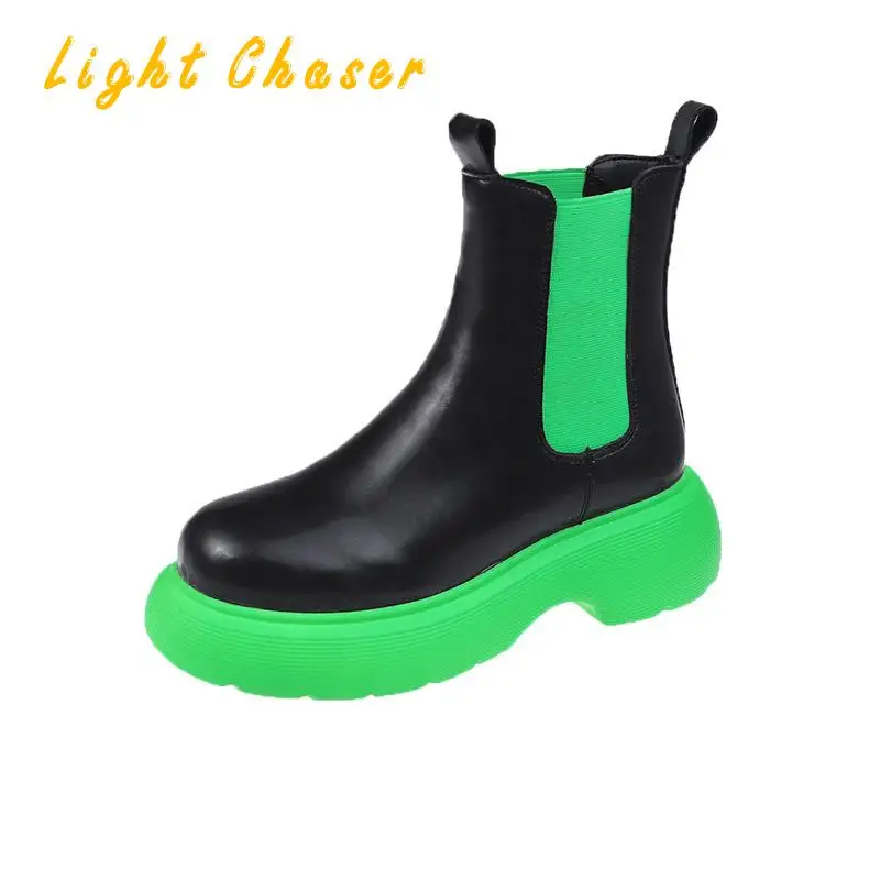 2021 New Chunky Boots Fashion Platform Women Ankle Female Sole Pouch Ankle Botas Mujer Round Toe Slip-on Botas Altas Mujer