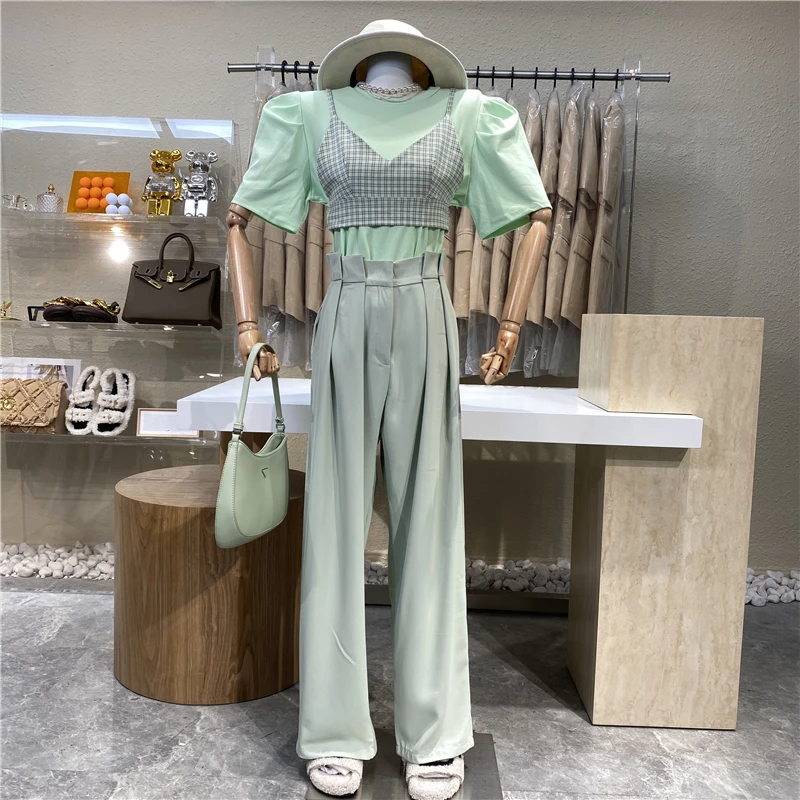 

Niche Design 2021 Green Pleated Flower Bud Waist Loose Pants New Temperament Joker Hanging Feeling Wide Leg Casual Pants