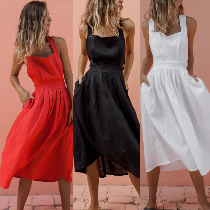 

Oufisun Bohemian-Women Sleeveless Dress Bohemian Backless Dresses Sexy Pockets Elegant Party Dresses Beach Midi Style 2021