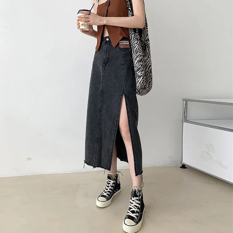 

High Waist Long Skirts For Women A Line Korean Casual Simple Skirt With Slits And Ragged Edges Summer Maxi Jupe Femme New