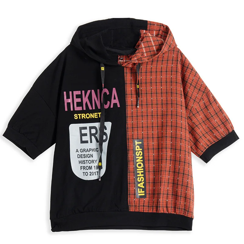 

Vefadisa Red Yellow Plaid Patchwork Women T-shirt 2021 Summer Hooded Female T-shirt Casual Letter Print T-shirt Top QYF5440