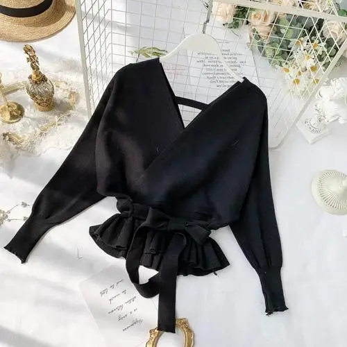 black pullover Woherb/зимняя одежда на шнуровке с v-образным вырезом, вязаные свитеры женские с длинным рукавом «летучая мышь», тонкий пуловер с поясом, сексуальные короткие топы с оборками, джемпер - Цвет: black pullover