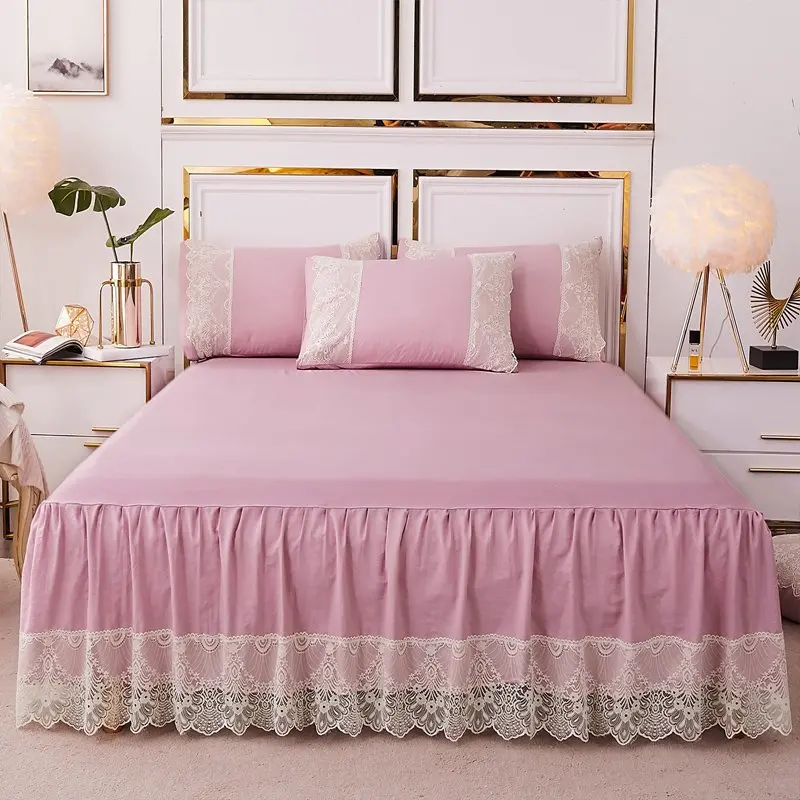 Розовые оборки Корейская кружевная постельная юбка наматрасник комплект для