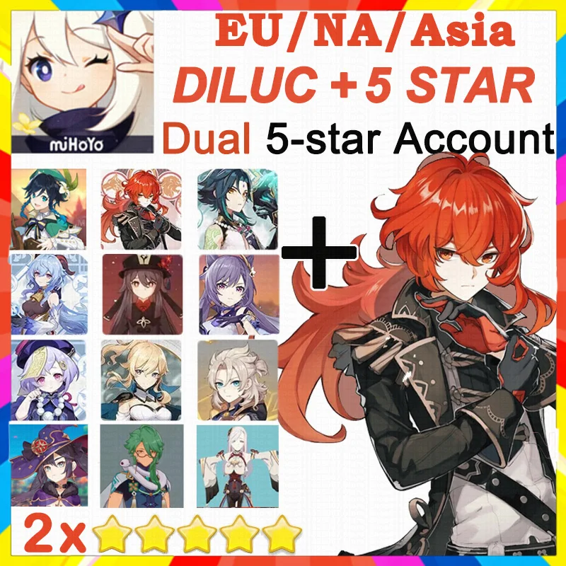 

Genshin Impact Diluc Dual 5star Diluc+Keqing Ganyu+Diluc Venti+Diluc Jeans Genshin impact Account 2 5-star Characters EU/Asia/NA