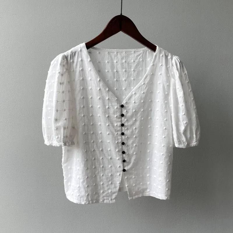 

100% Cotton Puff Sleeve Dot Women Blouses V Neck Short Sleeve Single Breasted Short Blouses Sweet Fashion Summer Woman Tops 2021
