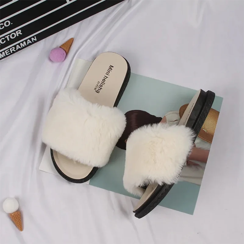 

New Fur Women Slippers Shoes 2021 Ladies Slippers Outdoor Slides Ladies Furry Beach Flip Flops Fluffy Women Shoes