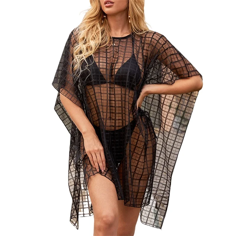 

Womens Sexy Perspective Bikini Smock Fashion Solid Color Grid Hollow Short Beach Dress Mesh Cover Ups