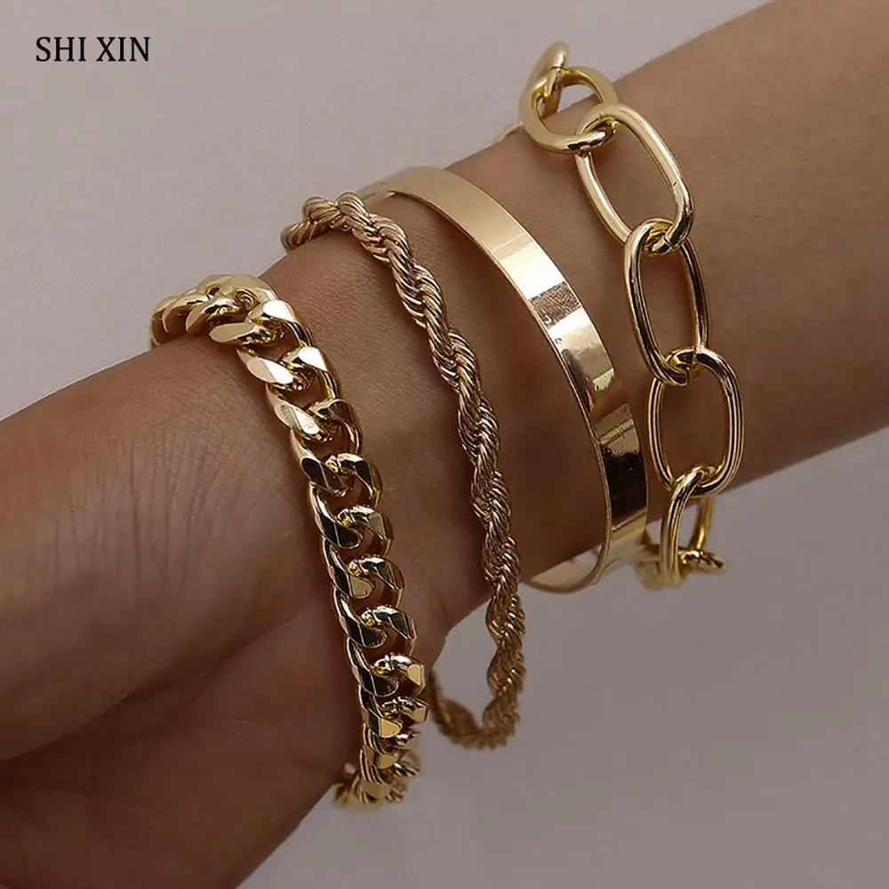 

SHIXIN Hip Hop Chunky Chain Bracelets Bangles Set for Women Punk Gold/Silver Color Charms Bracelet Girls 2020 Fashion Hand Chain