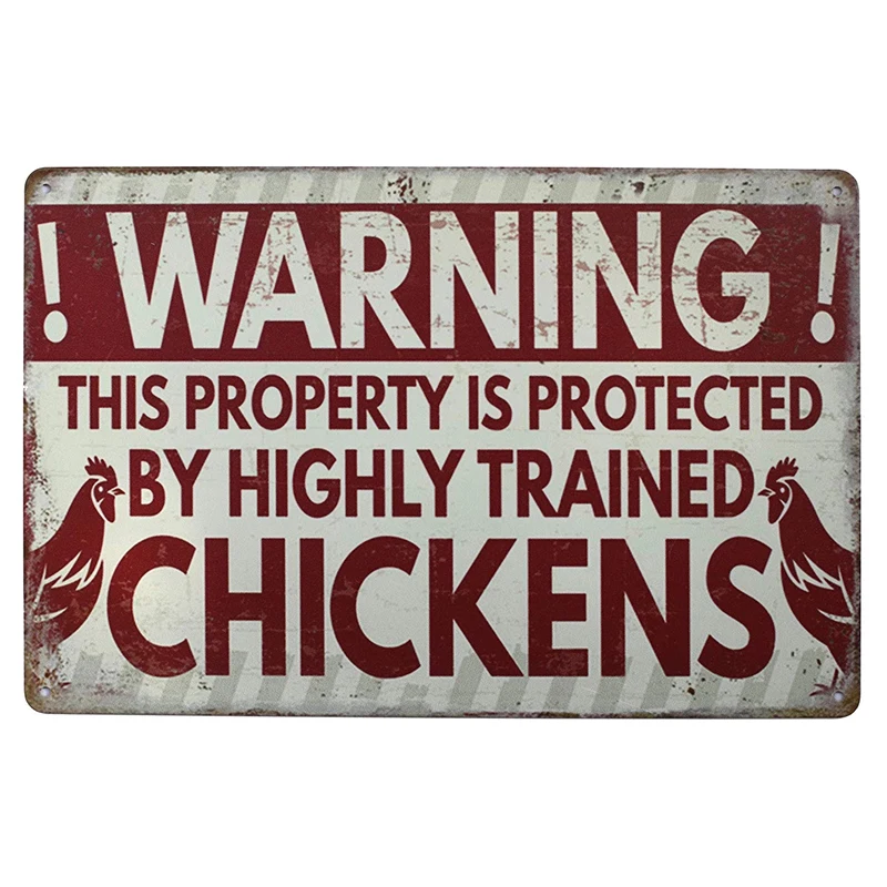 

Warning This Property is Protected by Highly Trained Chickens Funny Vintage Metal Tin Sign Rural Retro Rooster Plaque Farm Home