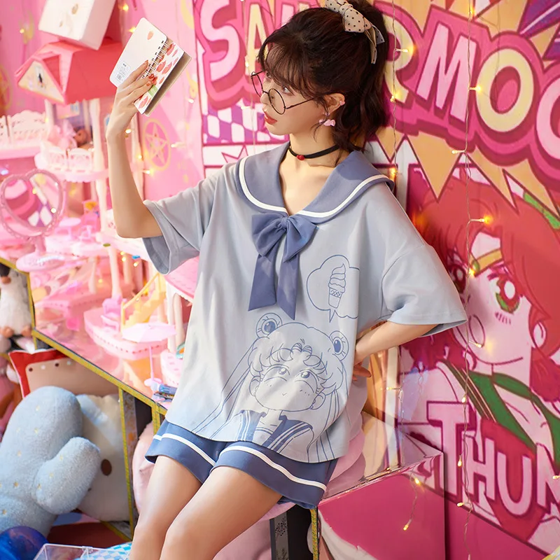 

Summer Cotton Short Sleeve Women Pajamas Sets Cute Doll Collar Pajamas Kawaii Princess Style Blue Women Sleepwear