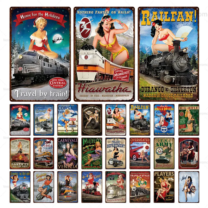 

Pin Up Girl Poster Metal Tin Signs Train Motor Car Travel Art Painting Bar Pub Wall Plate Decor Vintage Home Man Cave Plaques