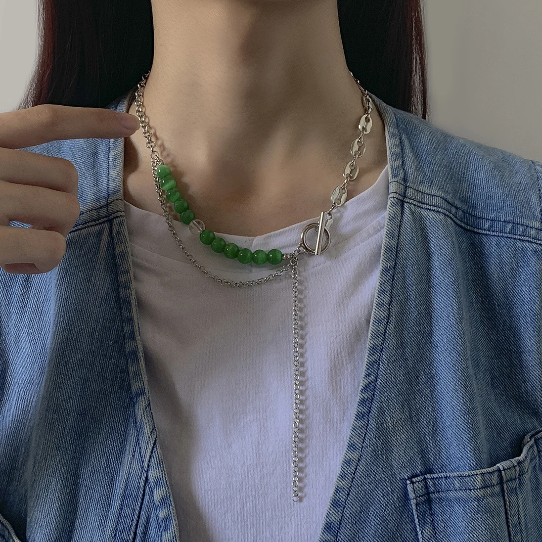 

Ingemark Vintage Iron Metal Long Chain Necklace for Women Men Natural Marble Green Bead Lariat Lasso Choker Necklace Jewelry New