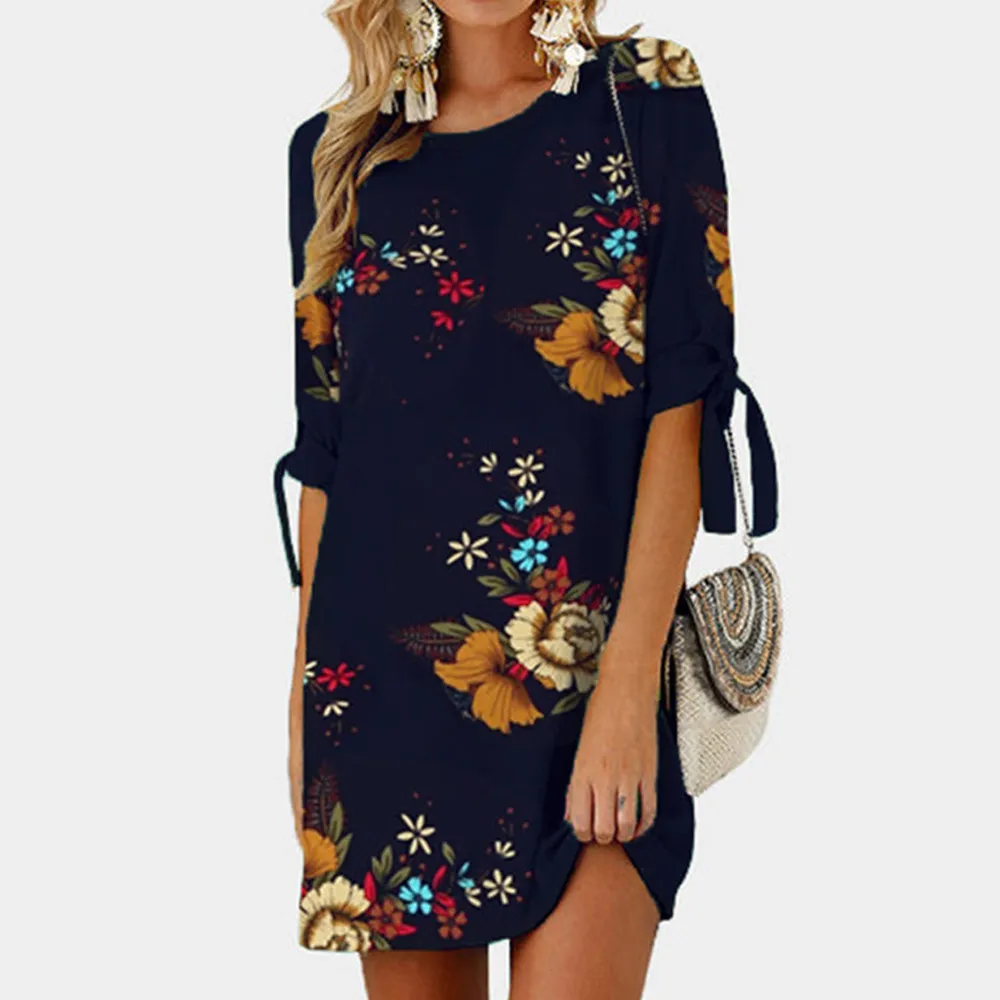 Женское модное платье с цветочным принтом и короткими рукавами бантом мини 2020