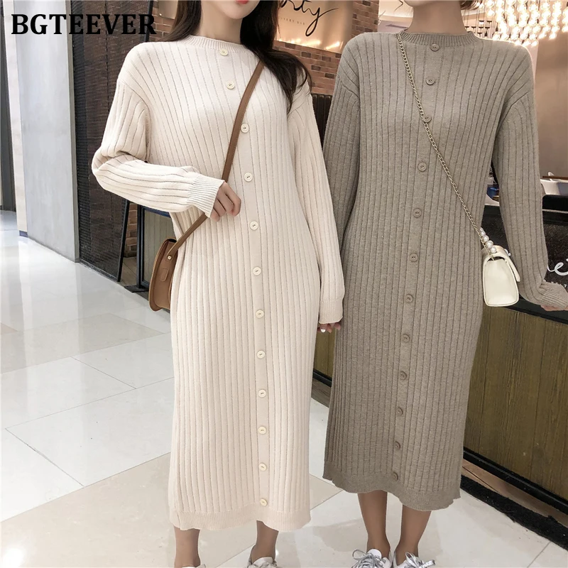 Женское трикотажное платье-свитер BGTEEVER прямое длинное платье в полоску с круглым