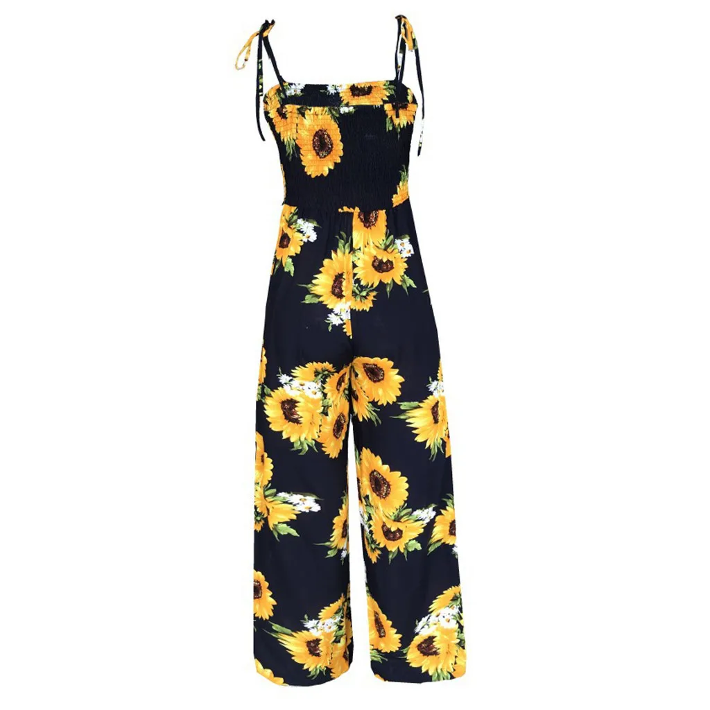 

New Sunflower Printed Strap Jumpsuit Women High Waist Rompers Boho Yellow Spaghetti Strap Wide Leg Pants Summer Jumpsuits Ladies