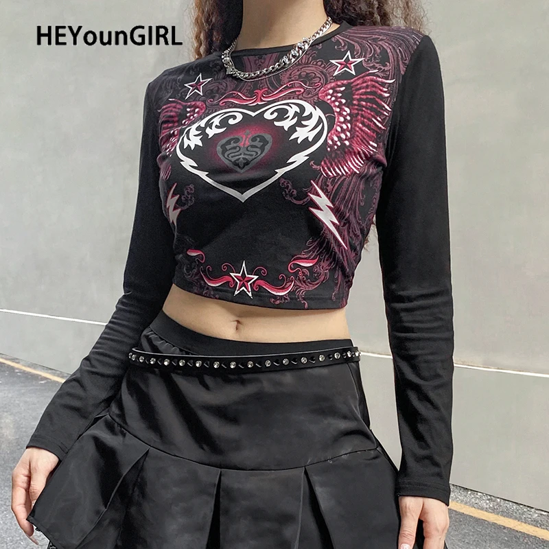 

Осенняя черная укороченная футболка HEYounGIRL в стиле Харадзюку, футболка с длинным рукавом и принтом, женская модная базовая футболка, топ, ули...