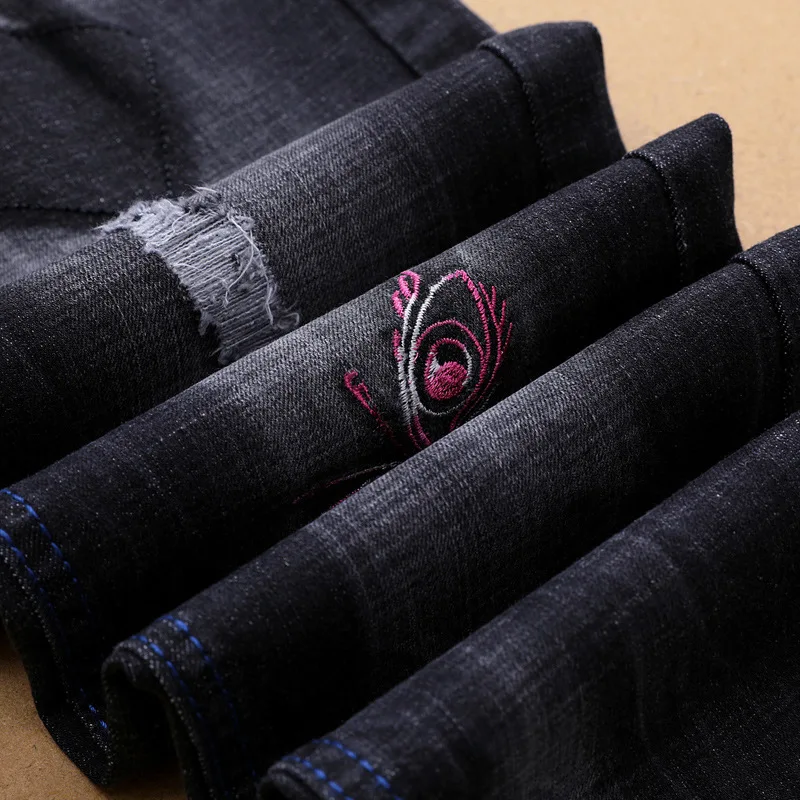 

Wimilous men jeans straight elastic restoring ancient ways of Skinny hole personality embroidery male long