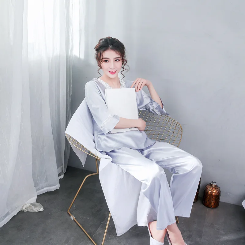 2021 New Women's Pajamas Lace Thin Home Clothes Ice Snow Silk Sexy Sleepwear 2Pcs Set Medium Sleeve Casual Nightwear Nightgown