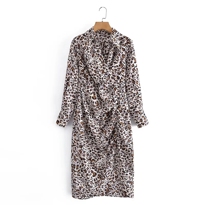 

2022 Womens Vintage Leopard Print High Waist Pleated Long Dresses Girls Fashion Animal Print Long Sleeve V-Neck Slit Dress