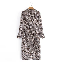 2022 womens vintage leopard print high waist pleated long dresses girls fashion animal print long sleeve v neck slit dress