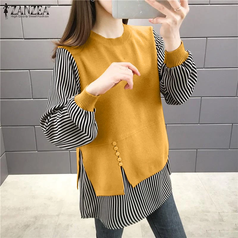 

ZANZEA Fashion Women Patchwork Blouse Autumn Long Sleeve Fake Two Pieces Tops Casual Striped Shirt Loose Work Blusas Chemise
