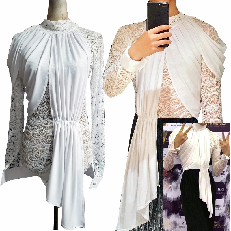 Рубашка для латинских танцев Мужская кружевная рубашка с принтом и длинным