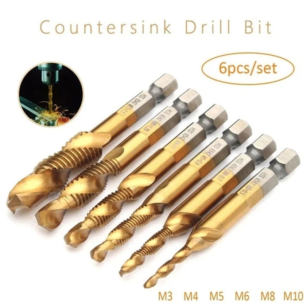 

6Pcs Hex Shank Titanium Plated HSS Screw Thread Metric Tap Drill Bits Screw Machine Compound tap M3 M4 M5 M6 M8 M10 Hand Tools