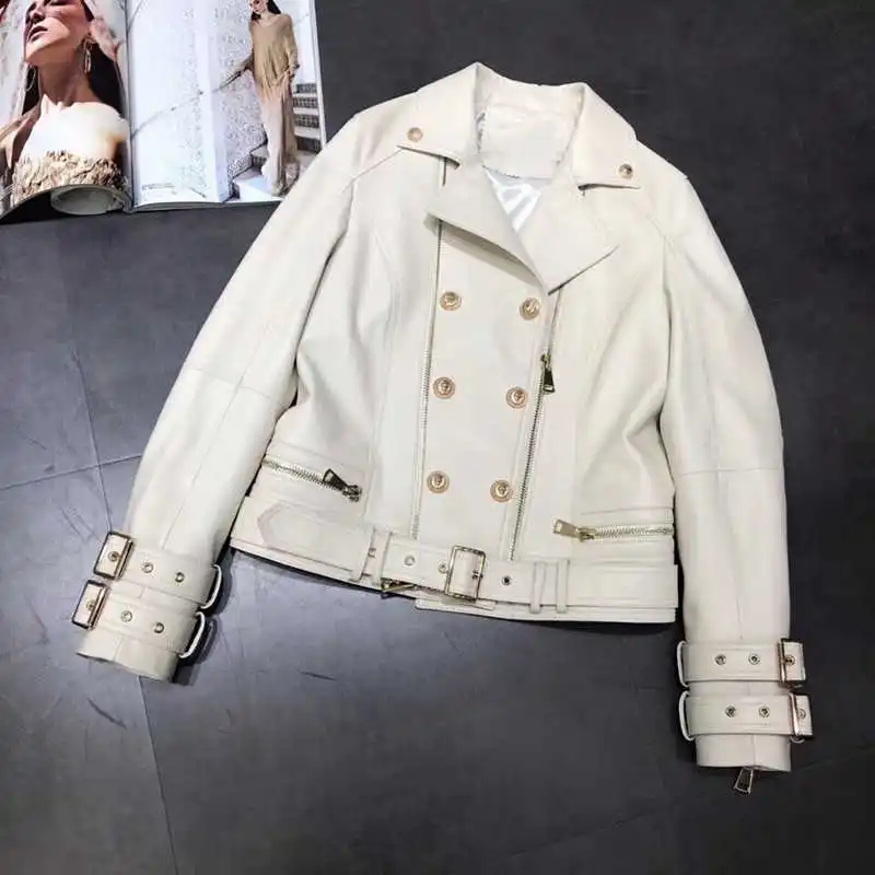 

Natural Women Leather Lambskin Leather Bomber Biker Jacket Long Sleeves 100% Sheepskin Leather Coat H710