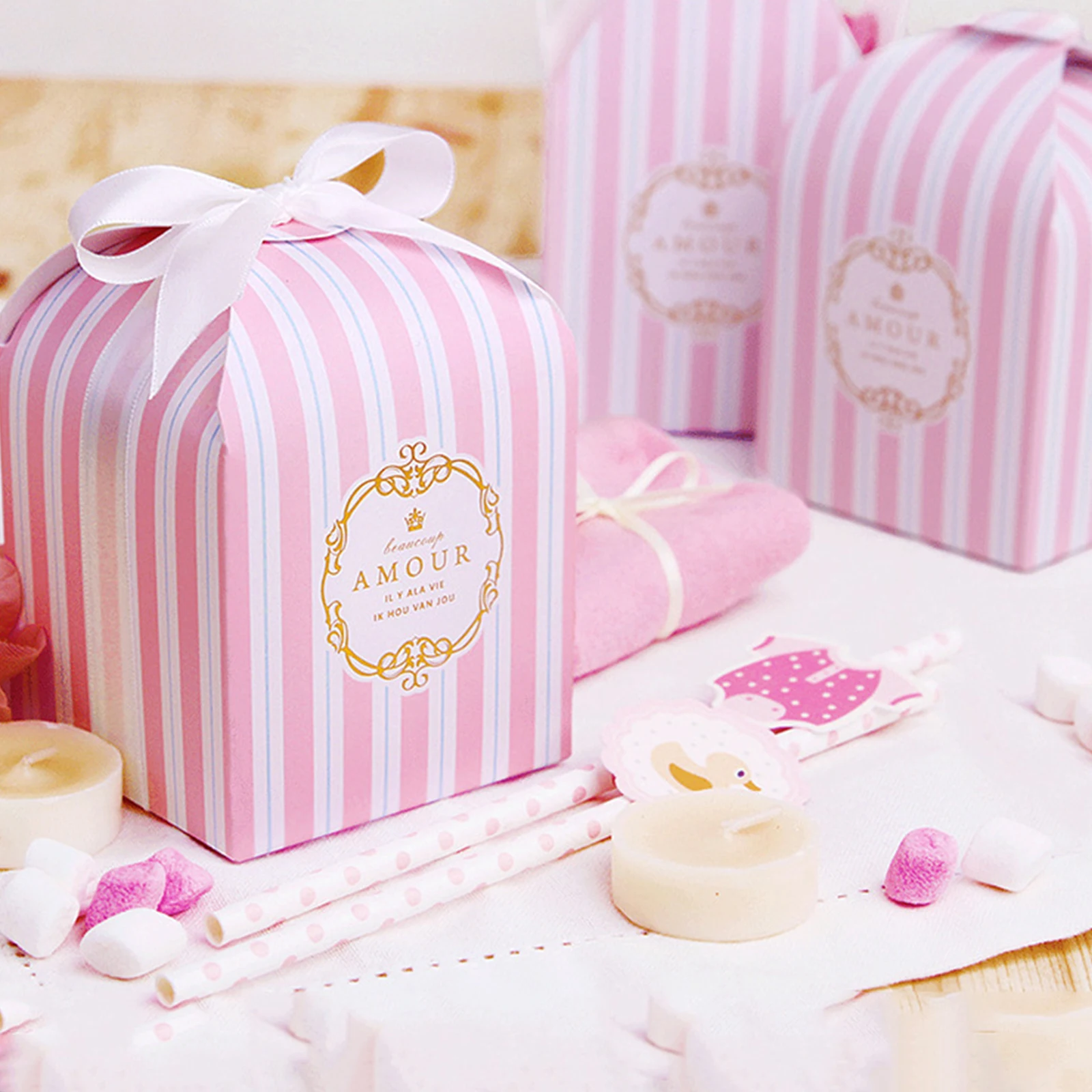 5 шт./лот серый/синий/розовый полосатые носки карамельного коробка с ленточками