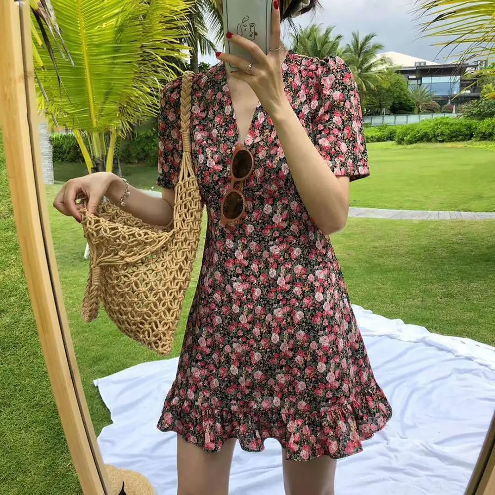Цветочный принт женские платья с коротким рукавом v образным вырезом и мини