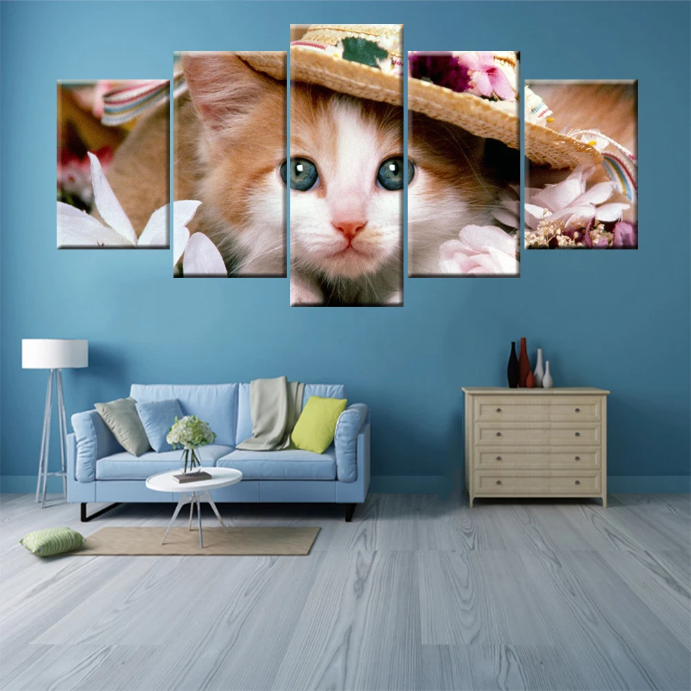 

HD печать 5 панелей модульная Картина на холсте картина Милая кошка Современное украшение для комнаты гостиной настенное украшение искусств...