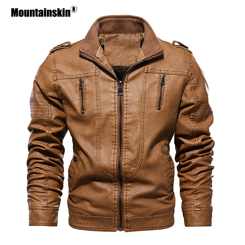 Мужская куртка из ПУ кожи Mountainskin повседневная однотонная приталенная на молнии с