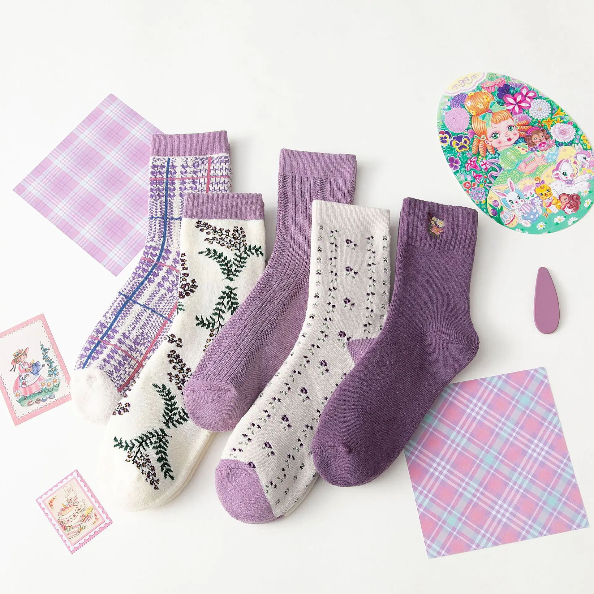 

Socks Women's Japanese Cartoon Cute Sweet Taro Purple Stockings Personality Girl Long Autumn and Winter Cotton Thick Terry Socks