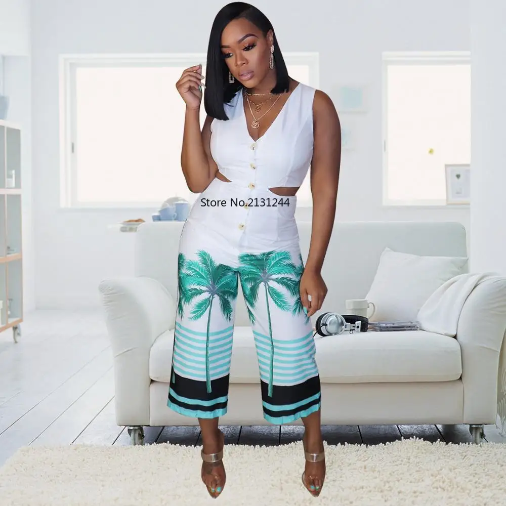 Летний модный женский комбинезон без рукавов с принтом и V образным вырезом