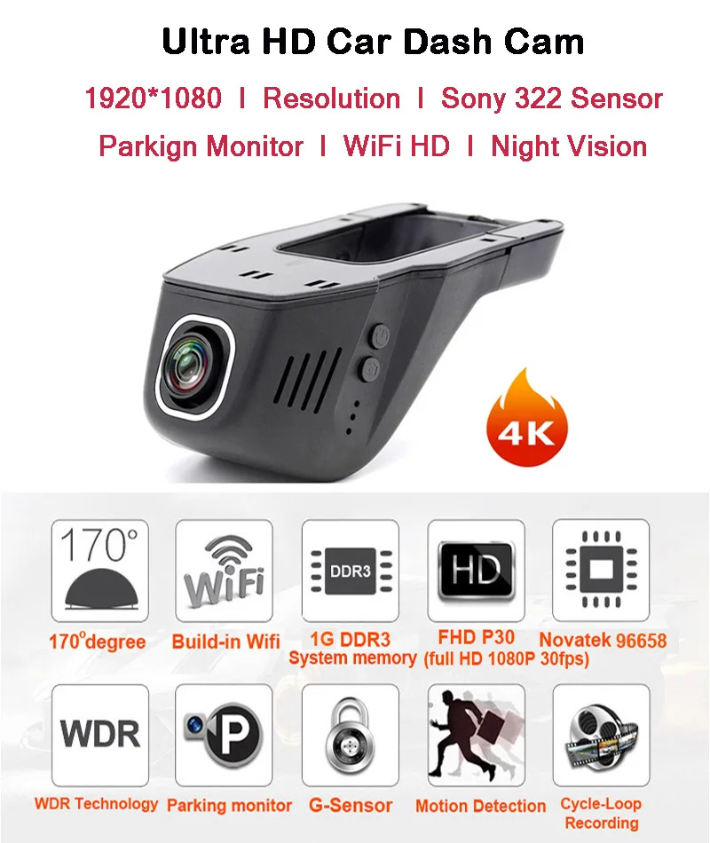 Anfilite Wifi Автомобильный регистратор DVR цифровой видеорегистратор видеокамера Dash камера 1080P ночная версия Novatek 4K камера может вращаться