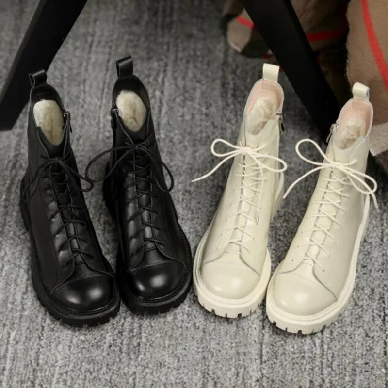 

REAVE CAT 2021 Russia Minus 30 Degree Winter Women Fur Warm Wool Snow Boots Round Toe Chunky Boots Zipper Lace Up Platform Shoes