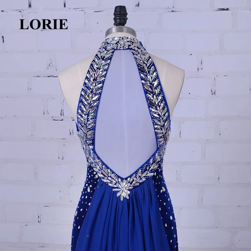 LORIE Luxury Mermaid Evening Gowns Long High Neck Beaded Velvet Crystals Royal Blue Formal Prom Party Dress with Sweep Train