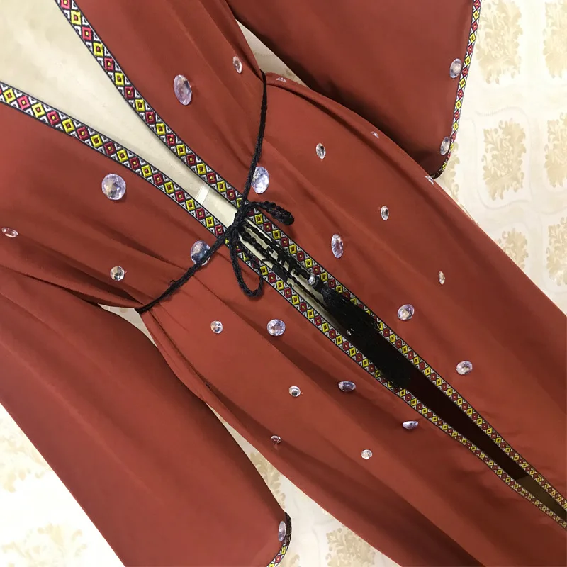 

Muslim Kimono Kaftan Abaya Dress Women Diamond Lace-up Long Robe Kimono Turkish Islamic Clothes Lace Cafan Hijab Dresses DT2870