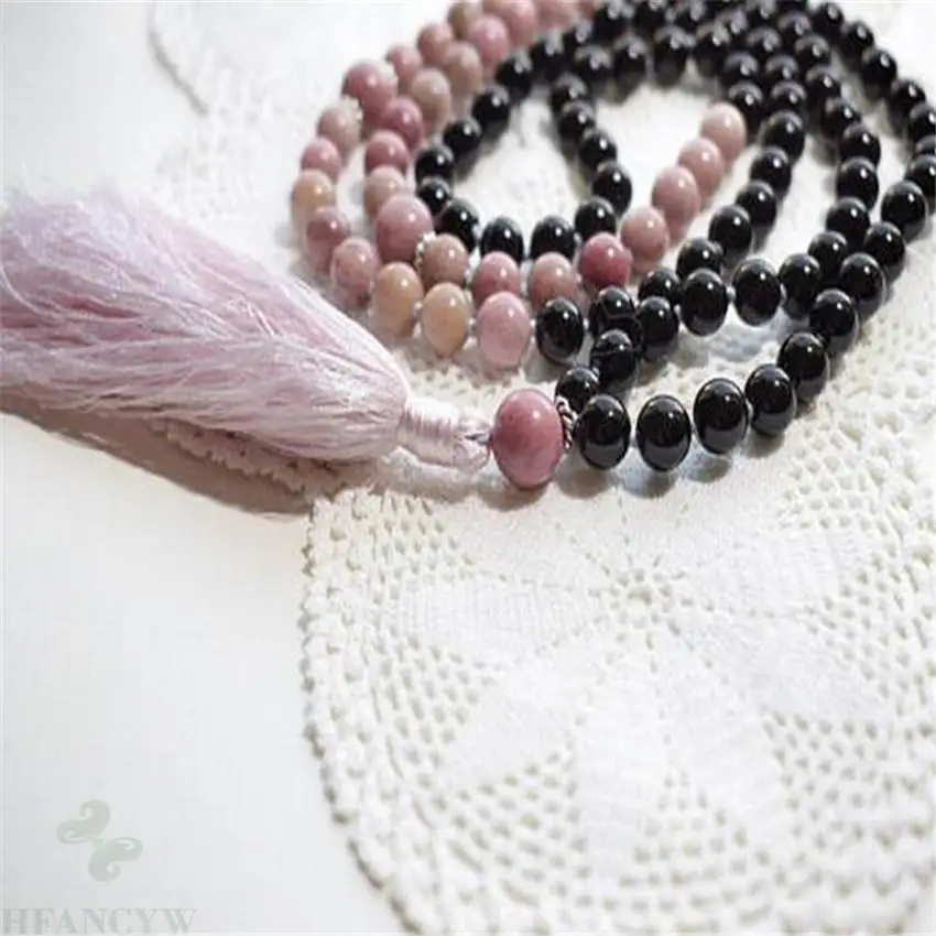 

8mm 108 Black Onyx Rhodonite Gemstone Tassels Mala Necklace Unisex natural Wristband Bless Buddhism spirituality DIY MONK energy