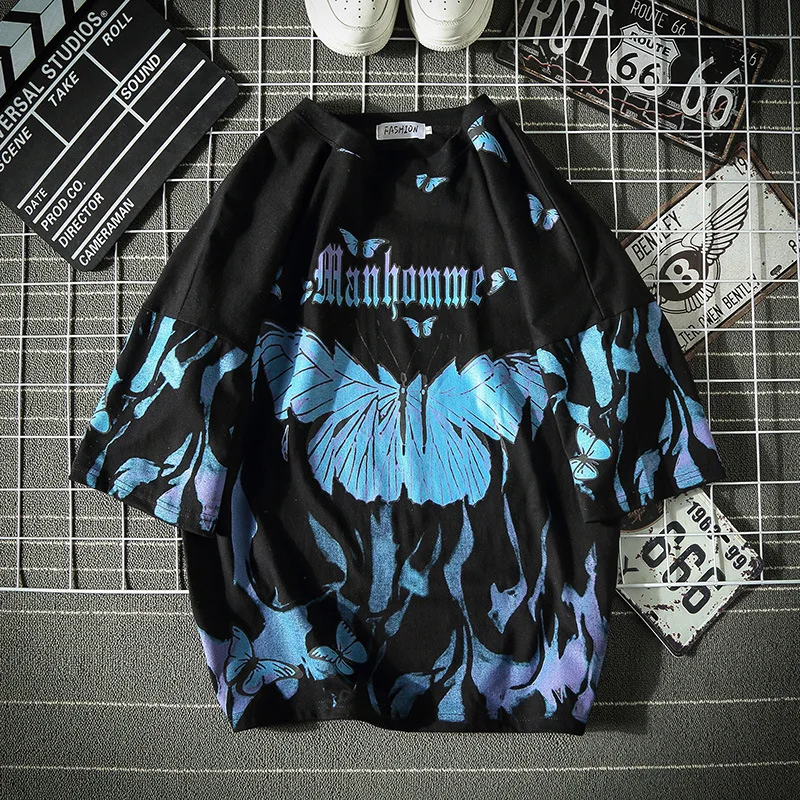 

Blue Butterfly Hip Hop Streetwear T Shirt Men 2021 Casual Cotton Harajuku Short Sleeve Tops Oversized T Shirt Mens TX217