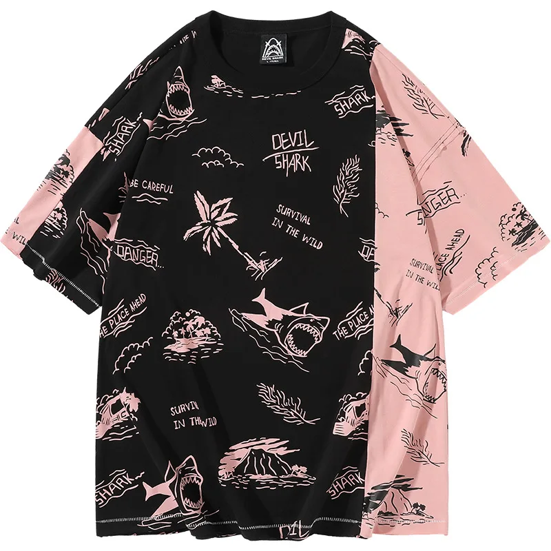 

Spring Summer New Style T-Shirt Shark Printing Gradient Color Men Loose Round Neck Short-Sleeved Street Tide Couple Casual Tees