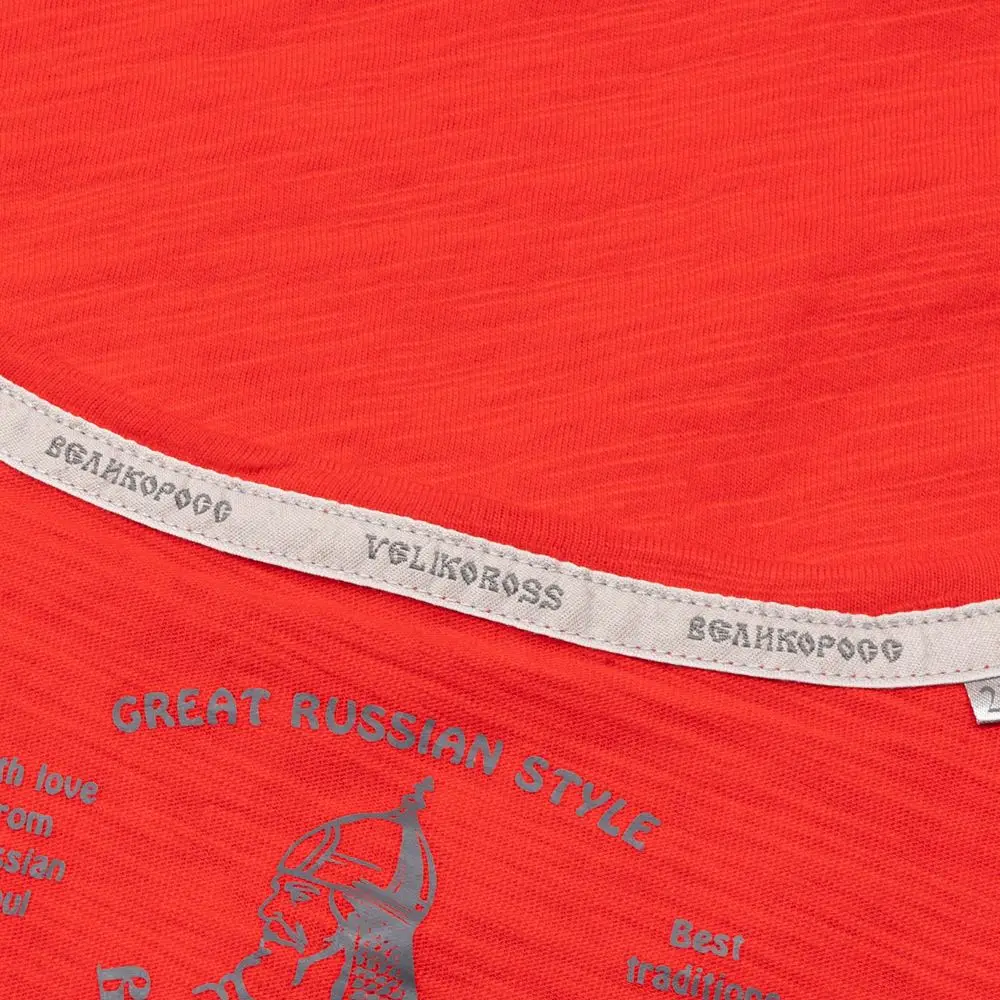 Лонгслив Великоросс однотонный алого цвета V образный ворот фламированная