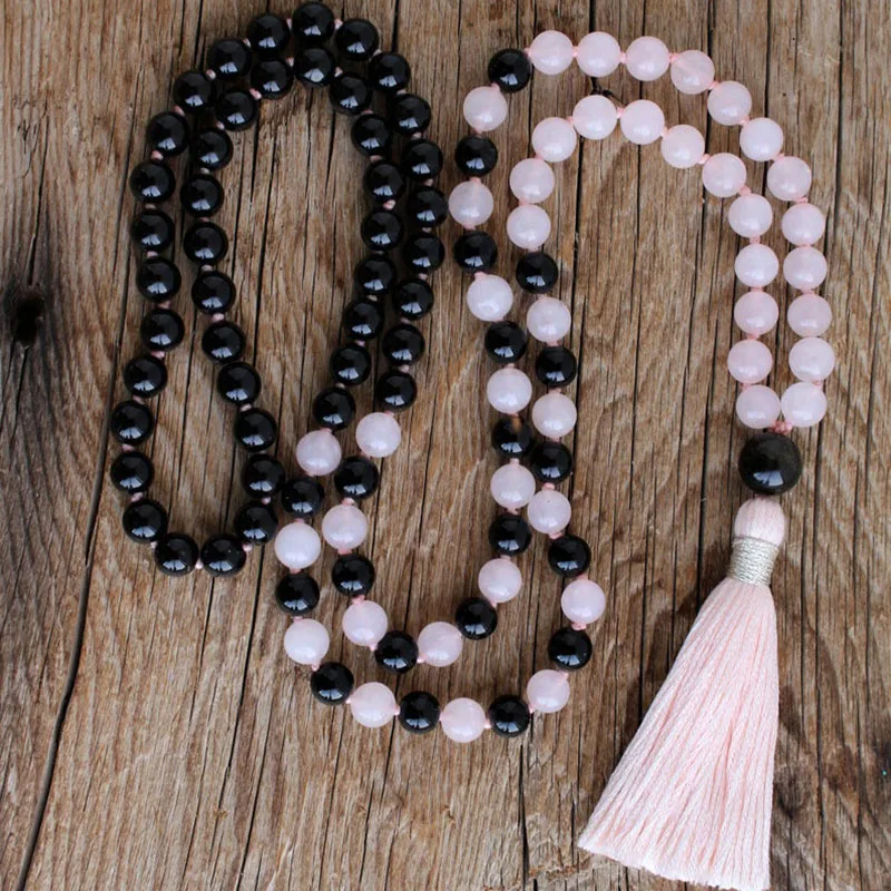 

New Arrivals Hand Knotted 108 Prayer Beads Black Onyx Rose Q-uartz Mala Necklace