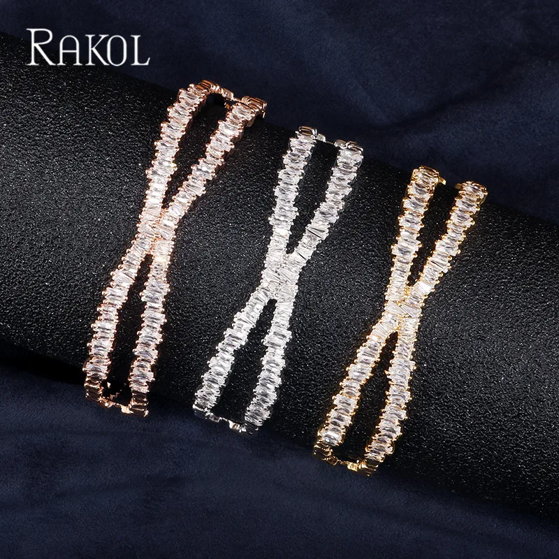 RAKOL модный AAA багет кубический цирконий X форма большие манжеты браслеты для