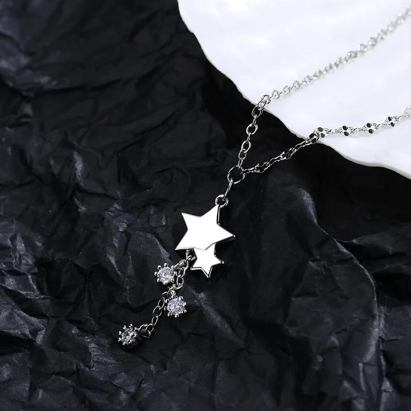 

925 Sterling Silver Link Chain Necklace For Women Couples Tassel Star Bead Elegant Bride Jewelry dz598
