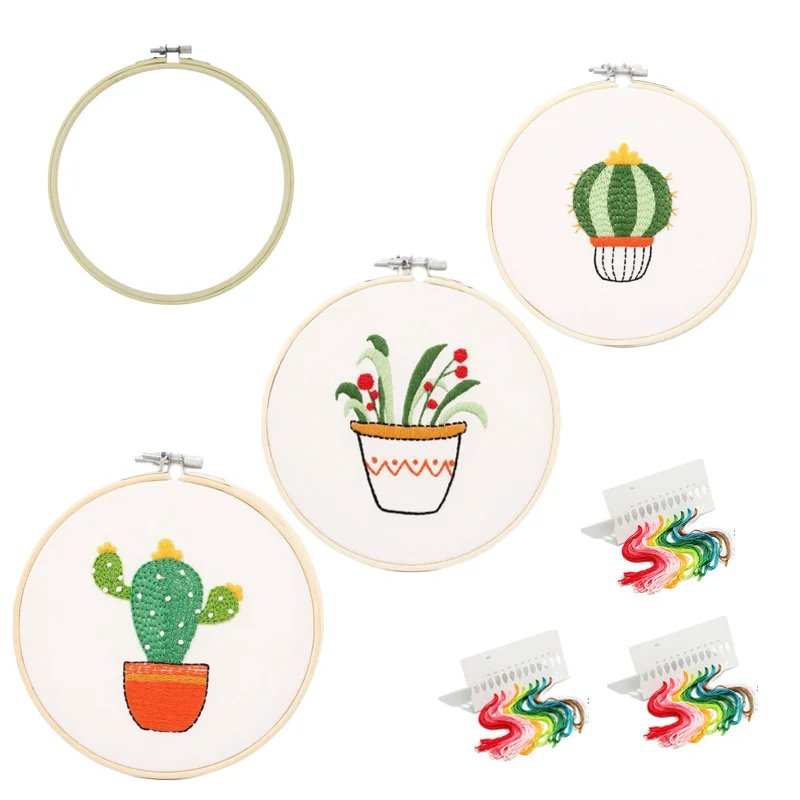 

3pcs DIY Needlework Embroidery Kit with Bamboo Hoop Plant Cactus Pattern Printed Cross Stitch Handicraft Sewing Art Painting